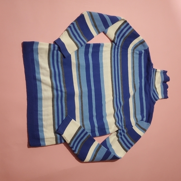 💙 Vintage Totally 2000s 00s Y2K Blue White Grey Stripped Turtleneck Sweater - Picture 3 of 4